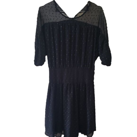 Francesca's Collections Black Boho Style Swiss Dot Short Sleeve Dress - Picture 1 of 3